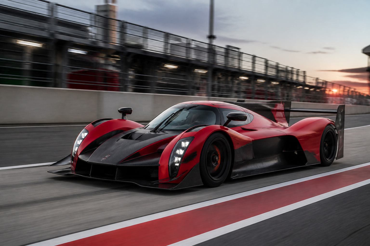 Prototipo de competición conceptual rojo y negro avanzando por un pit lane al atardecer.