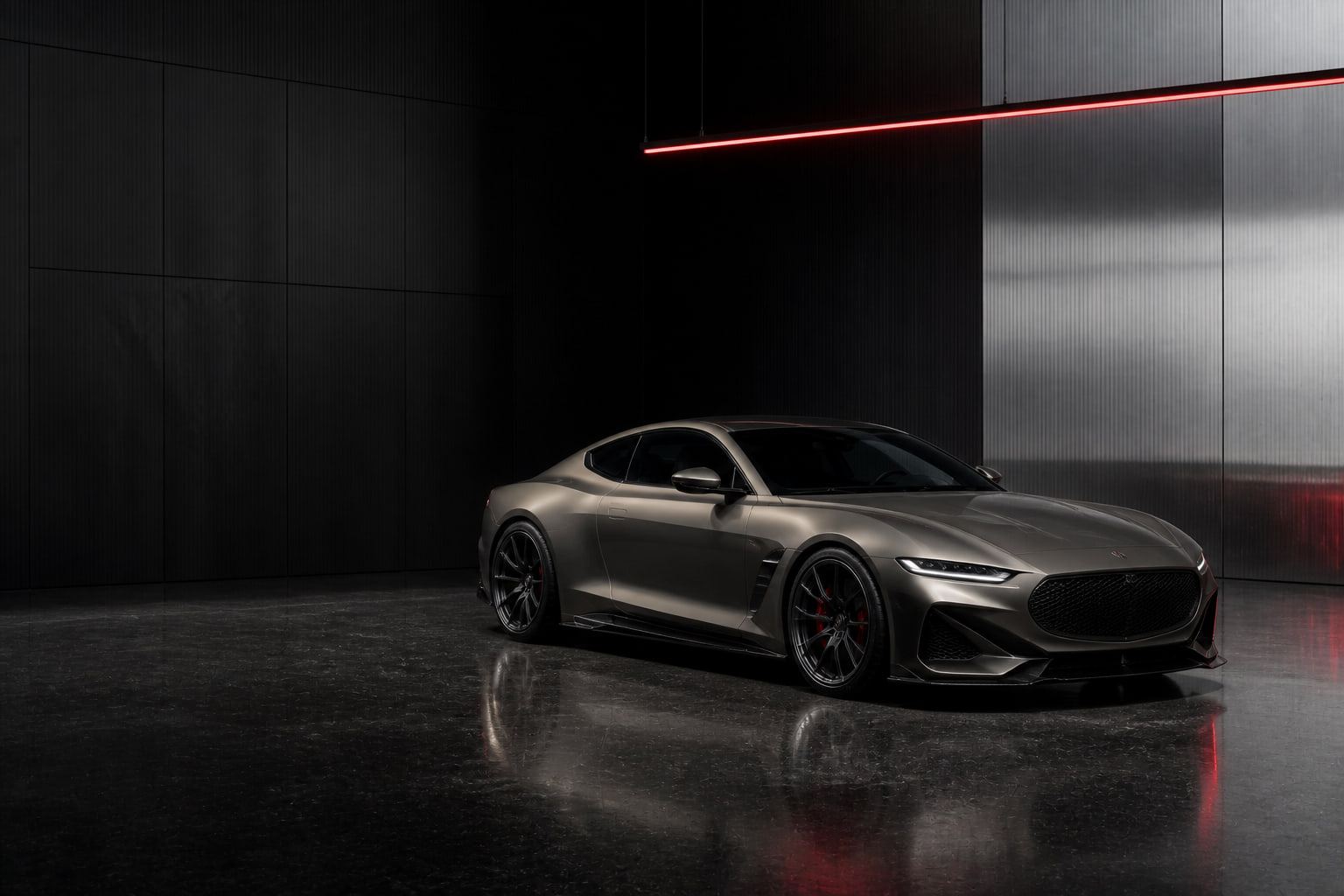 Coupé conceptual de altas prestaciones bajo una línea de luz roja en una galería oscura.