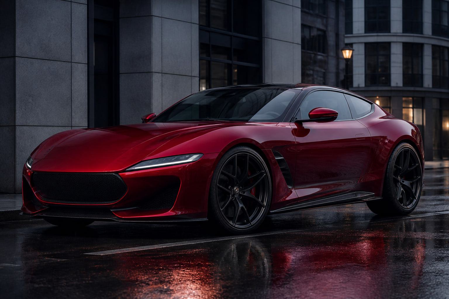 Gran turismo conceptual rojo en un entorno urbano de arquitectura contemporánea.